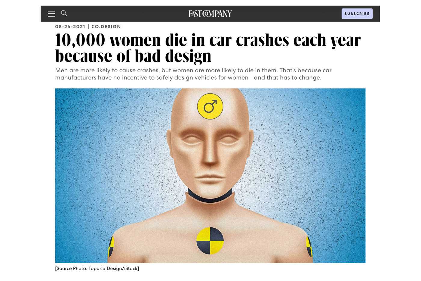 Fast Company article with headline, "10,000 women die in car crash each year because of bad design."