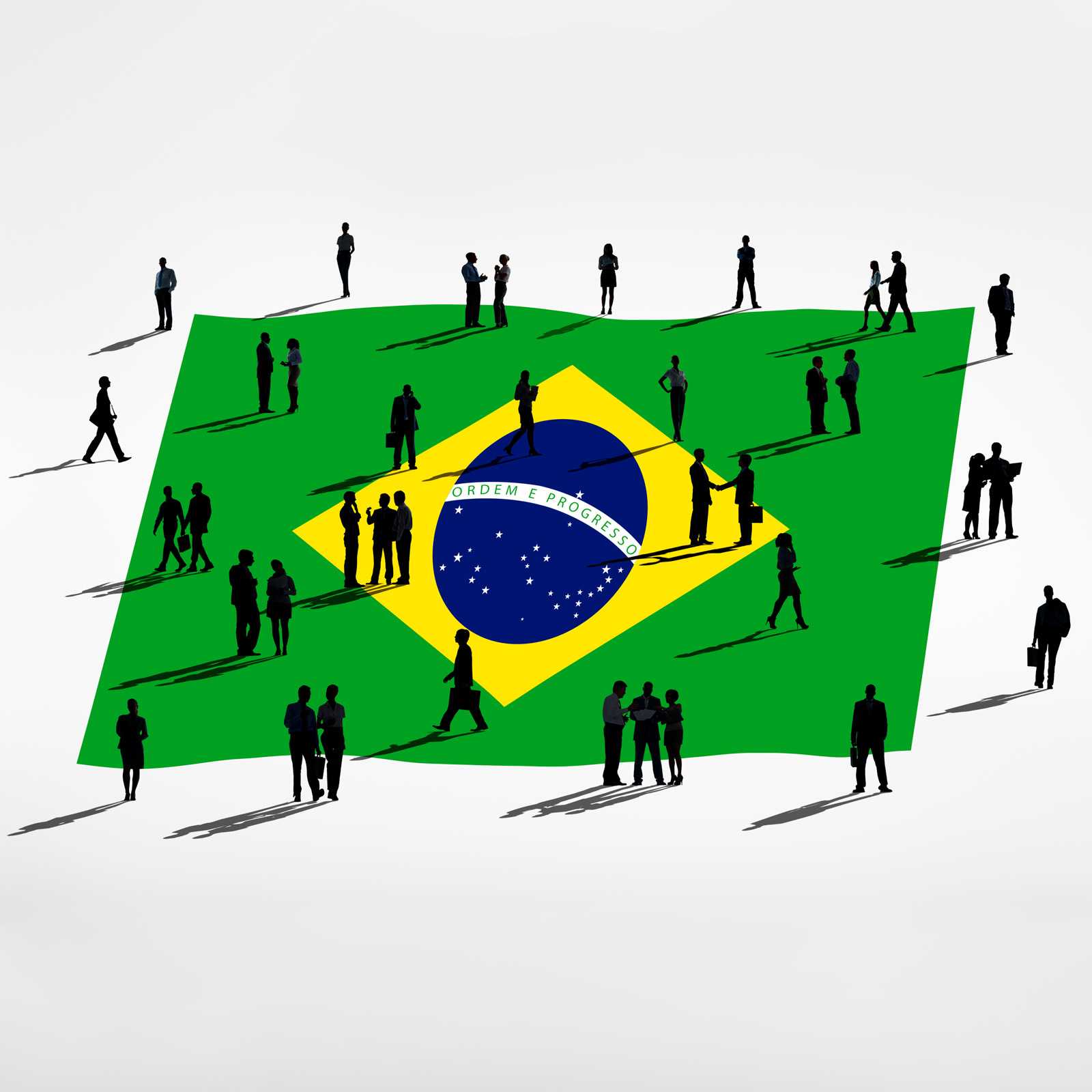 Brazil flag with silhouettes of people on it.
